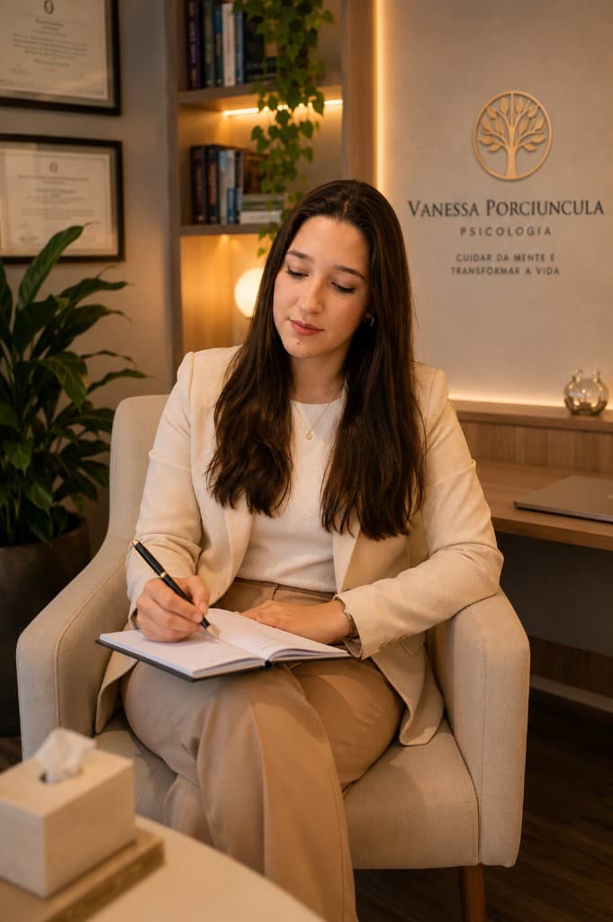 Vanessa Porciuncula escrevendo em seu consultório